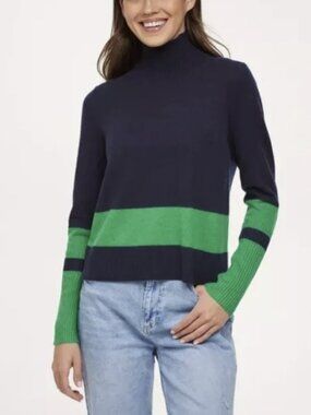 Filoro Addison 100% Cashmere Striped Colorblock Turtleneck Sweater Navy Green XS